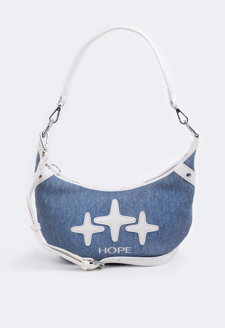 Hope Sparkle Pattern Denim Shoulder Bag Blue