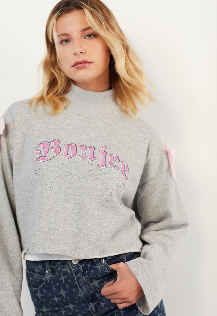 Hope Crystal Embellished Cropped Sweatshirt Grey Melange