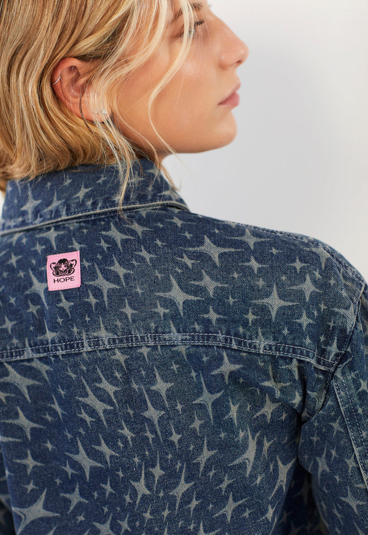 Hope Sparkle Pattern Denim Jacket Denim Blue
