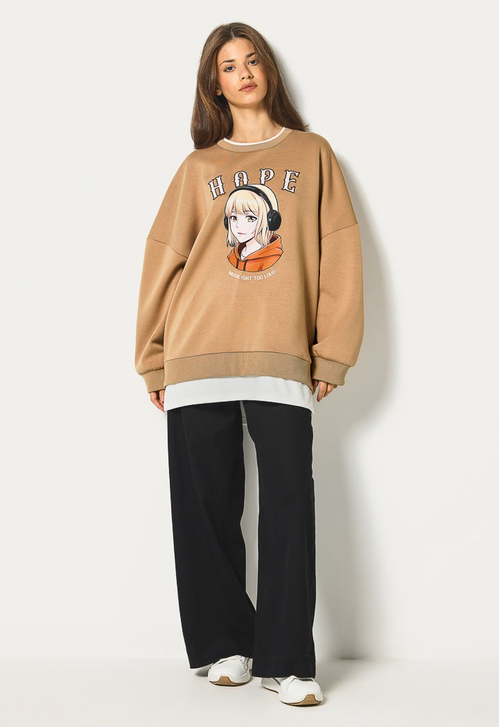 Hope Printed Embroidered Sweatshirt Light Brown