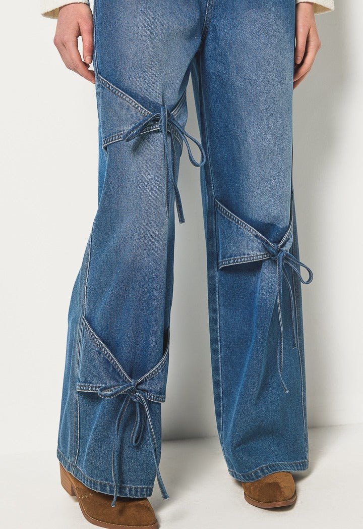 Hope Ribbon Detailed Wide Leg Jeans Denim Blue