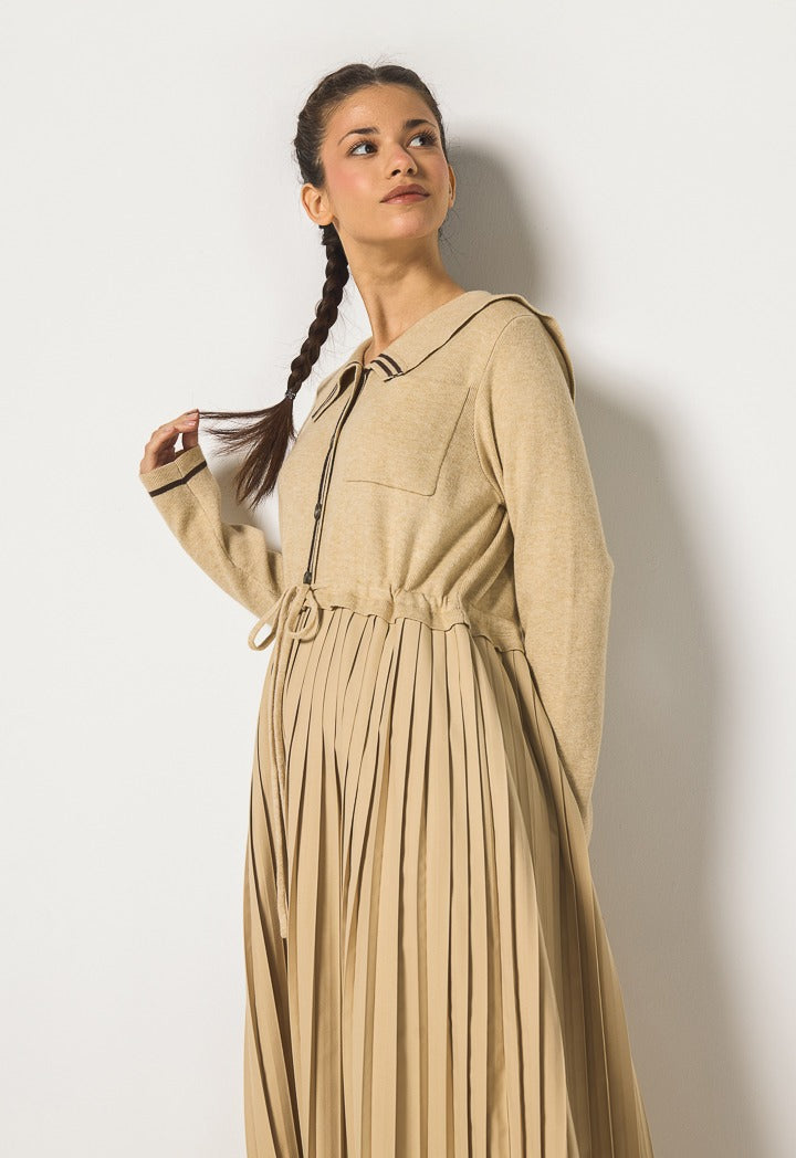 Hope Sailor Collar Pleated Dress Beige