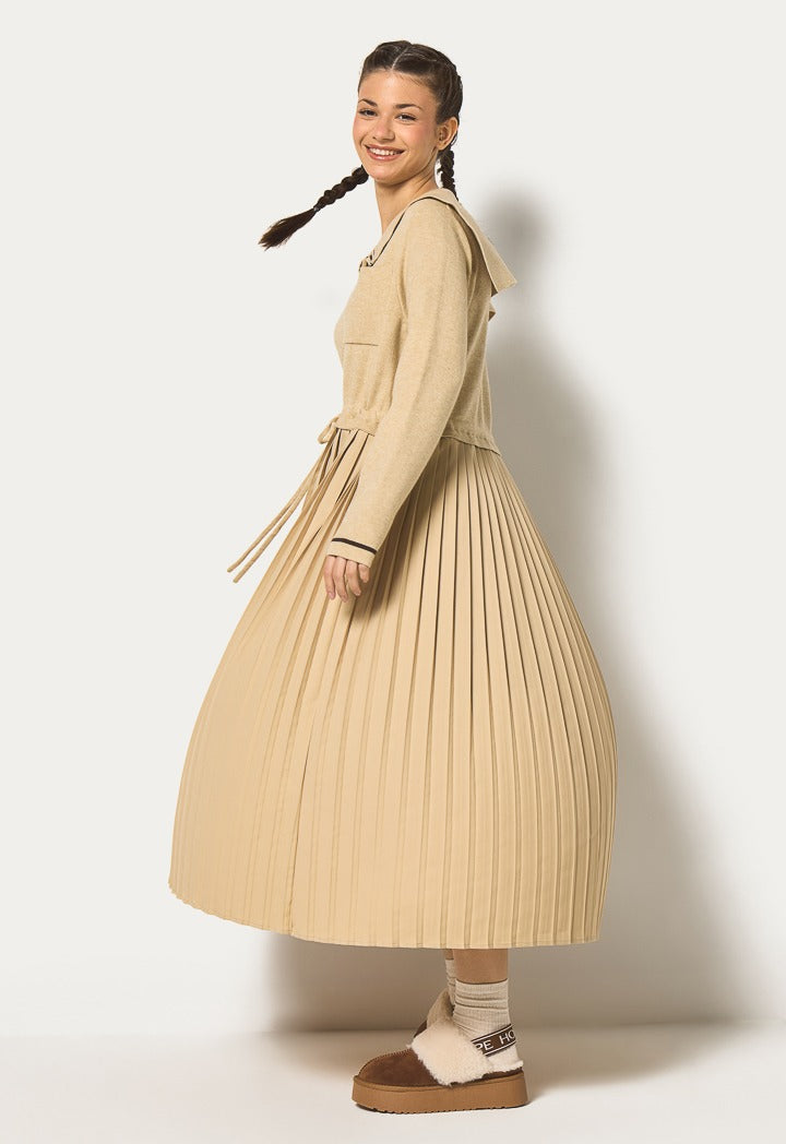 Hope Sailor Collar Pleated Dress Beige
