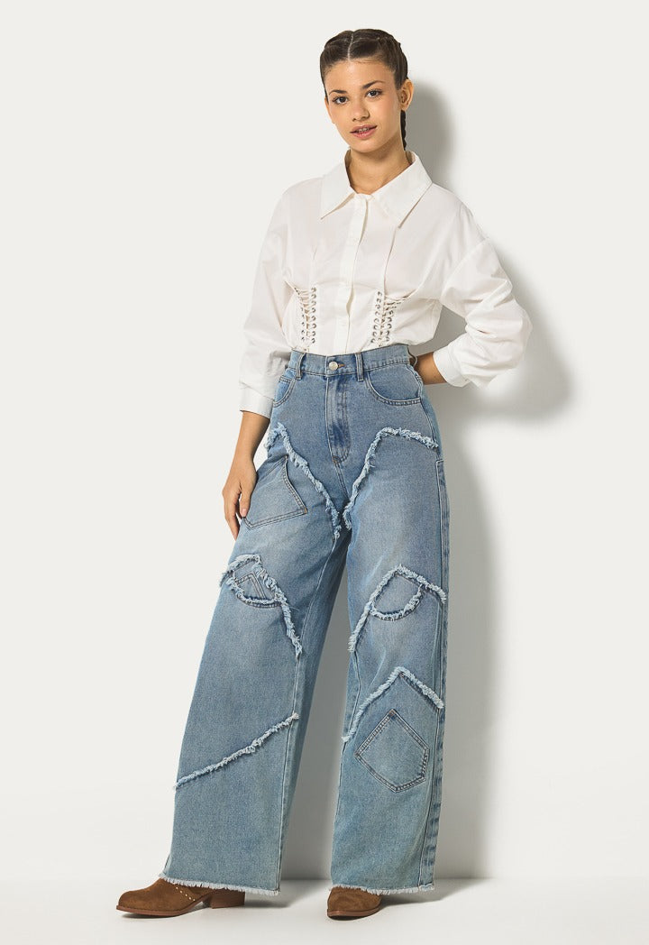 Frayed Detailed Jeans Denim Blue