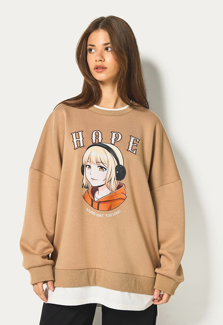 Hope Printed Embroidered Sweatshirt Light Brown