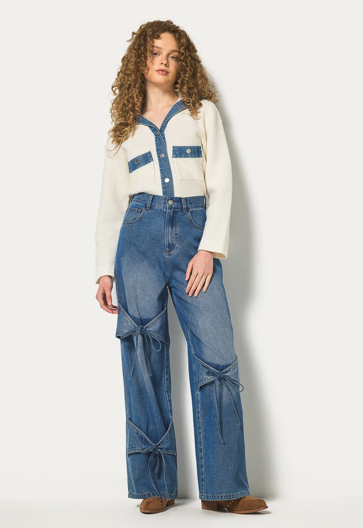 Ribbon Detailed Wide Leg Jeans Denim Blue