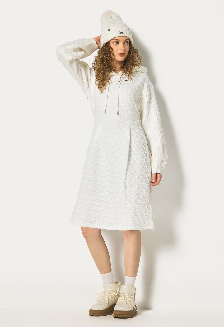 Mixed-Fabric Solid Dress Off White