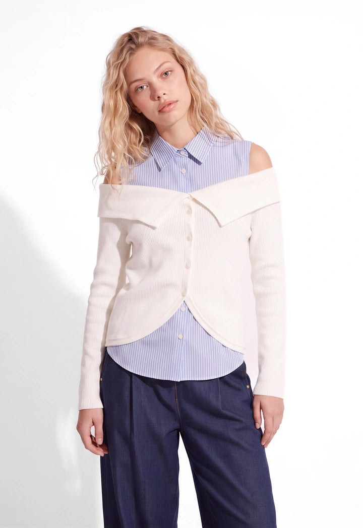 Shirt & Off Shoulders Knit Cardigan Set (2PCS)