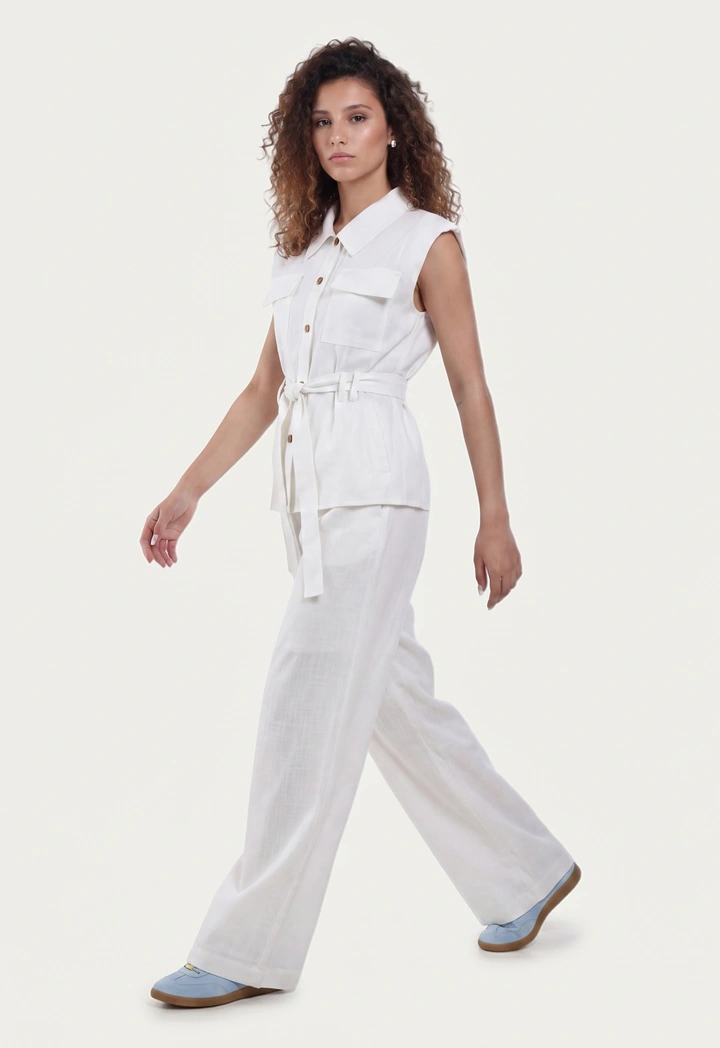Belted Solid Vest with Padded Shoulder