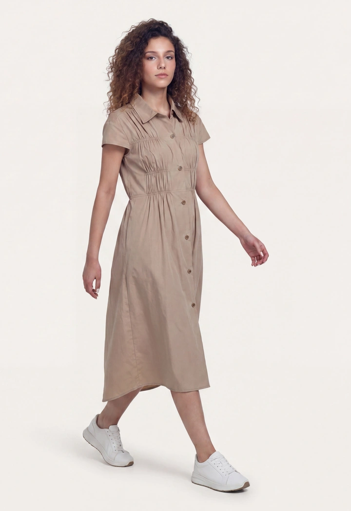 Pleated Smocked Solid Shirt Dress