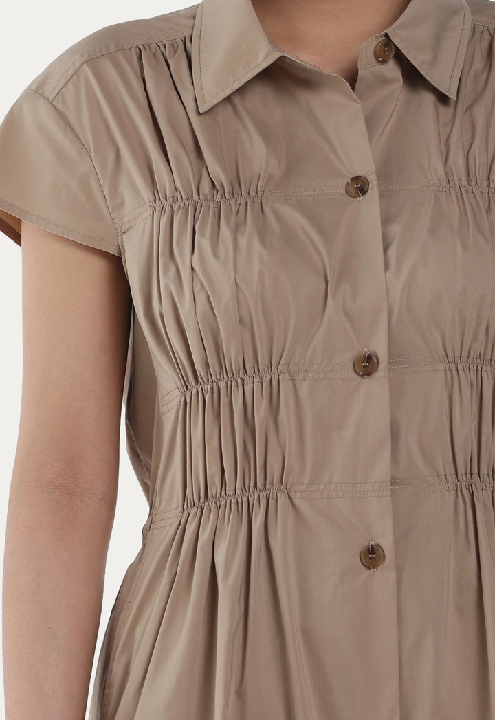 Pleated Smocked Solid Shirt Dress