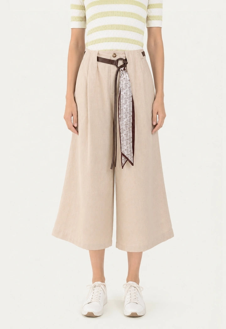 Wide-Leg Trousers with Belt and Scarf Detail