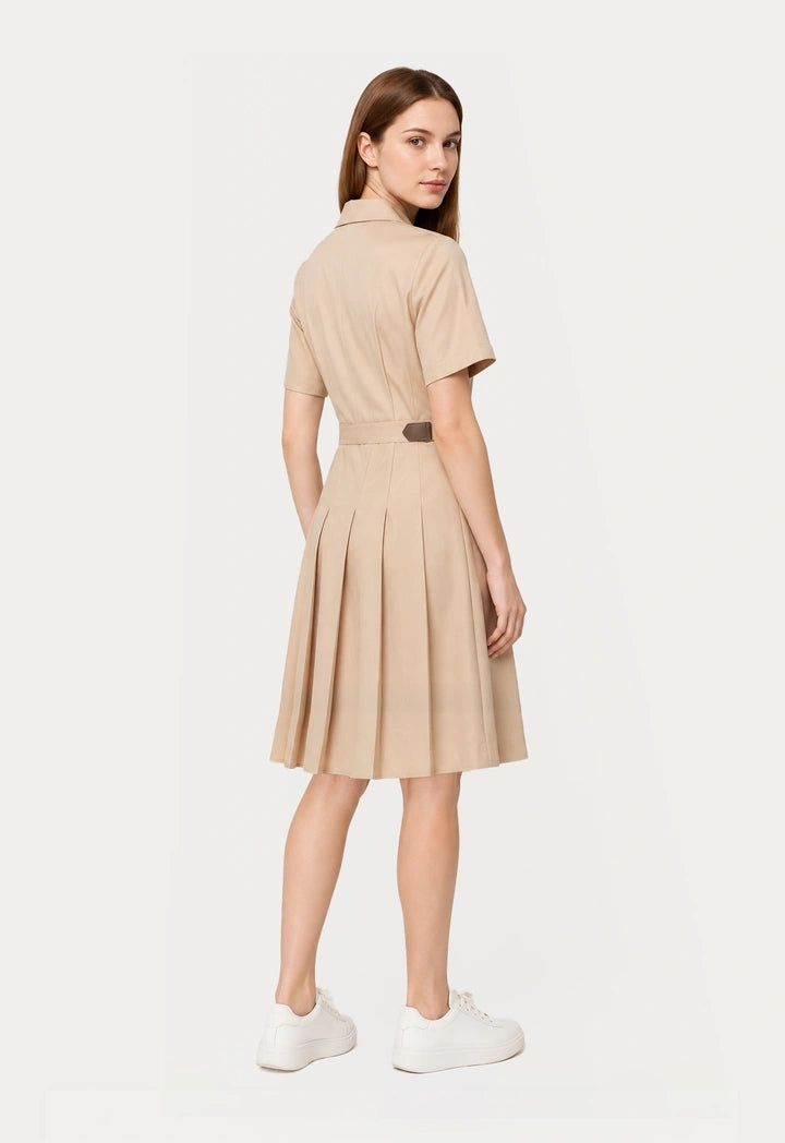 Solid Pleated Dress with Belt Detail