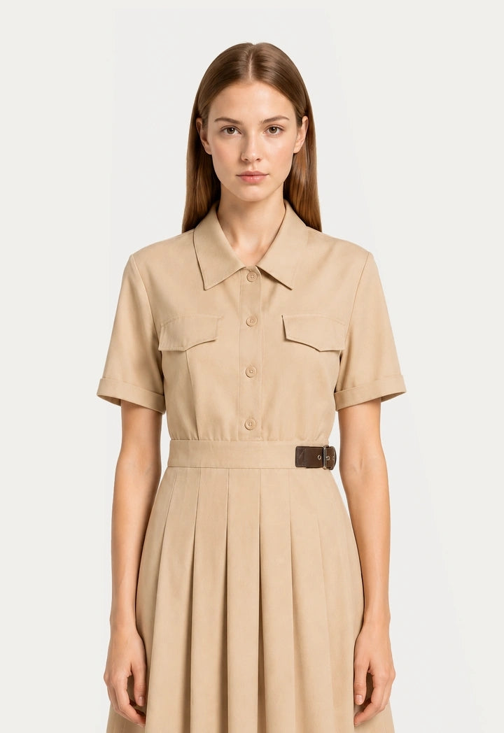Solid Pleated Dress with Belt Detail