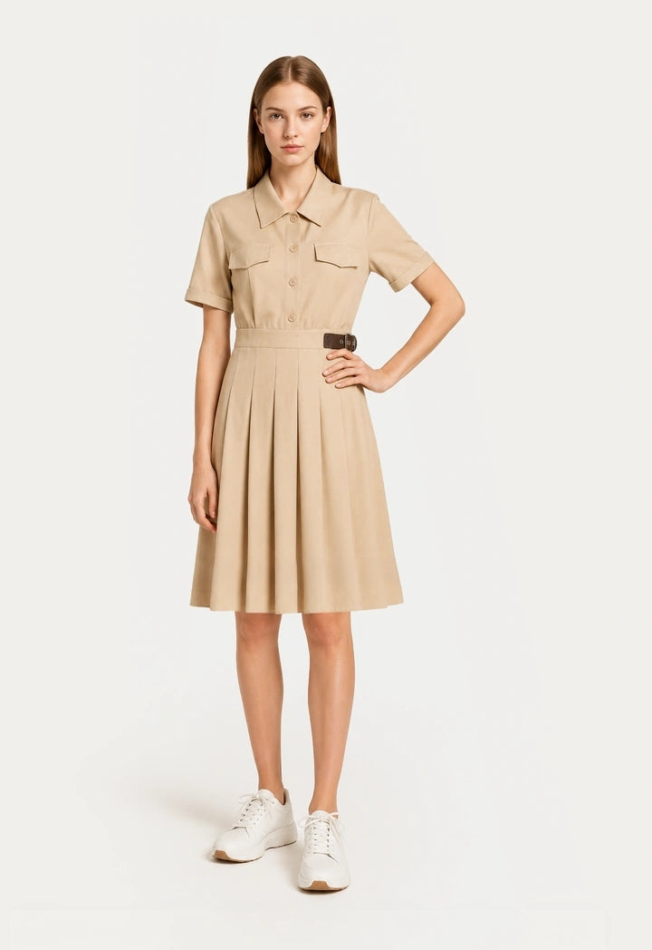 Solid Pleated Dress with Belt Detail