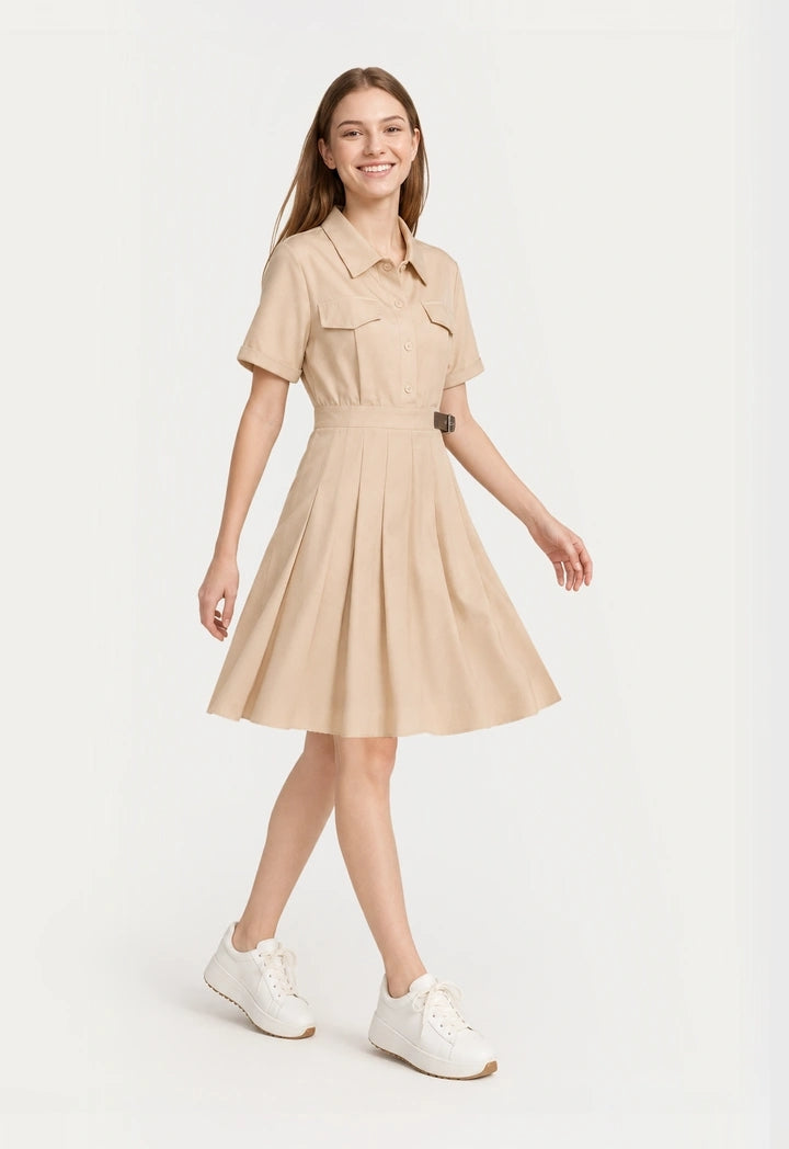 Solid Pleated Dress with Belt Detail