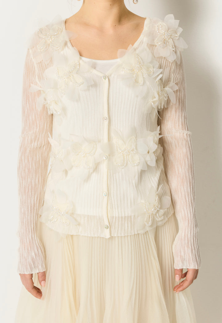 Flower Detail Button Cardigan Champagne