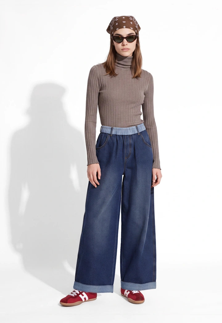 Contrast-Hem Wide-Leg Denim