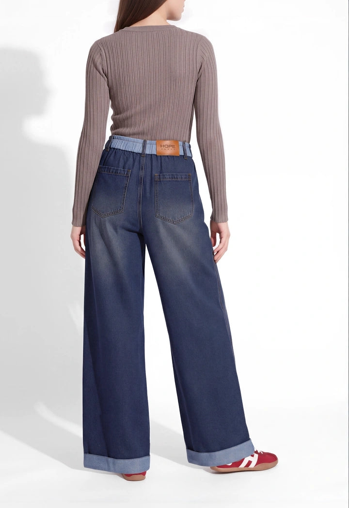 Contrast-Hem Wide-Leg Denim