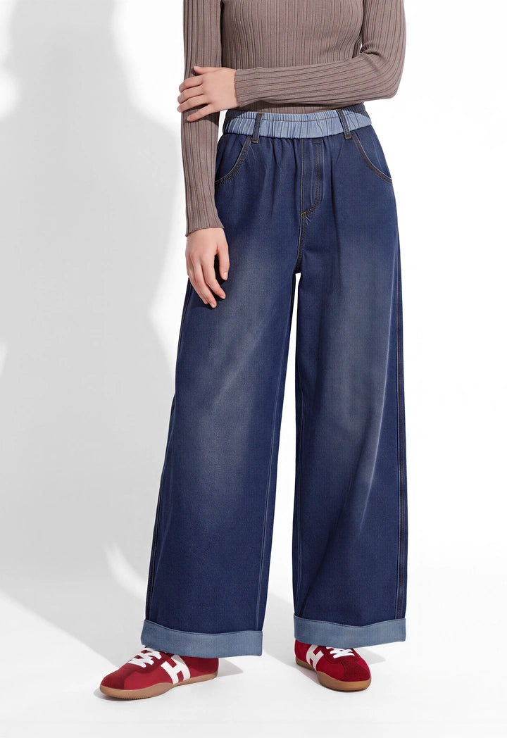 Contrast-Hem Wide-Leg Denim