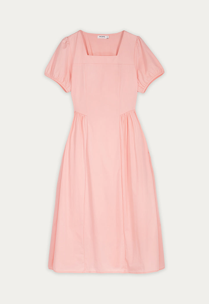 Puffed-Sleeves Pleated Dress