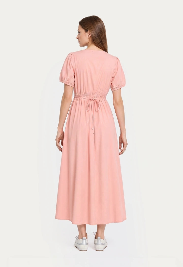 Puffed-Sleeves Pleated Dress