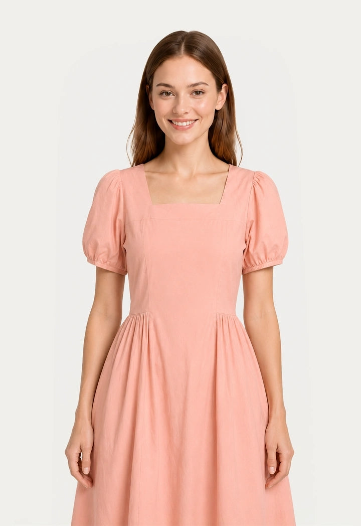 Puffed-Sleeves Pleated Dress