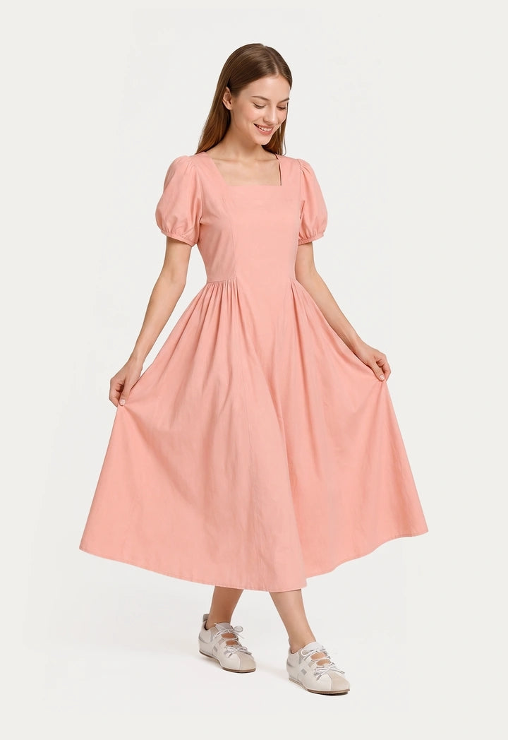 Puffed-Sleeves Pleated Dress
