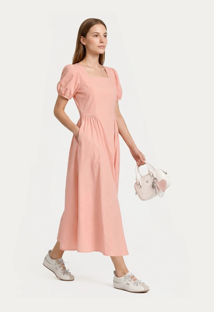 Puffed-Sleeves Pleated Dress
