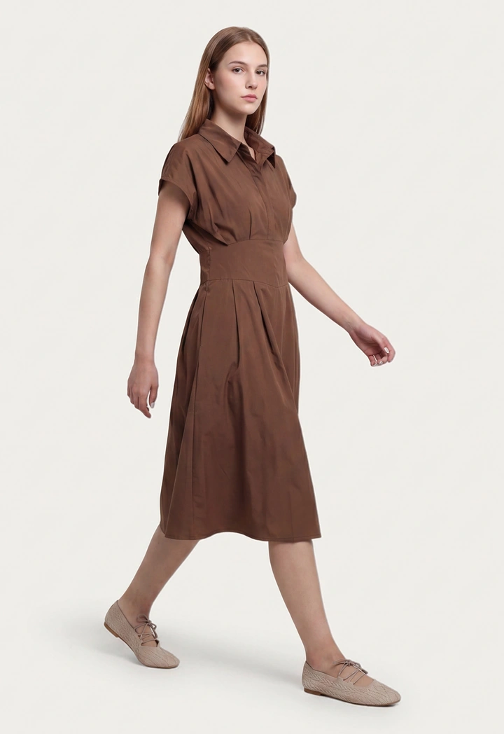 Pleated Flared Hem Shirt Dress