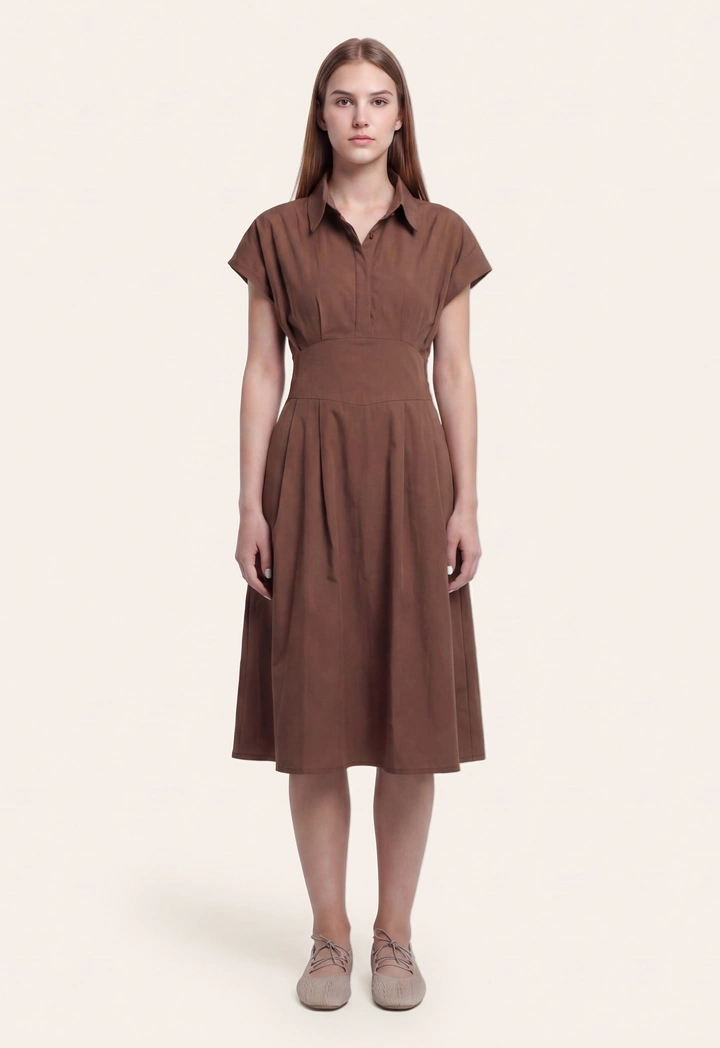 Pleated Flared Hem Shirt Dress