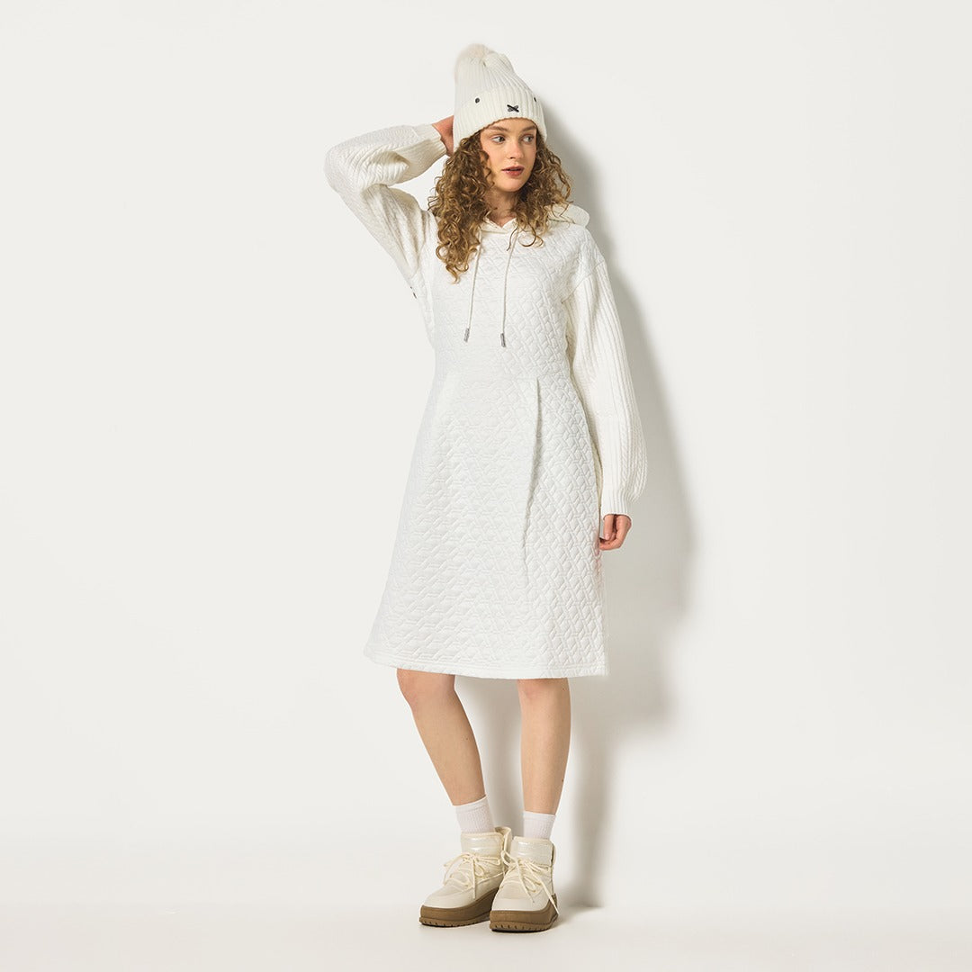 Mixed-Fabric Solid Dress Off White