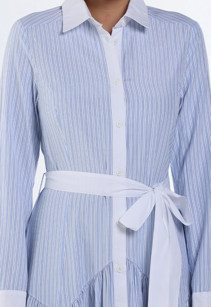 Flared Hem Striped Shirt Dress