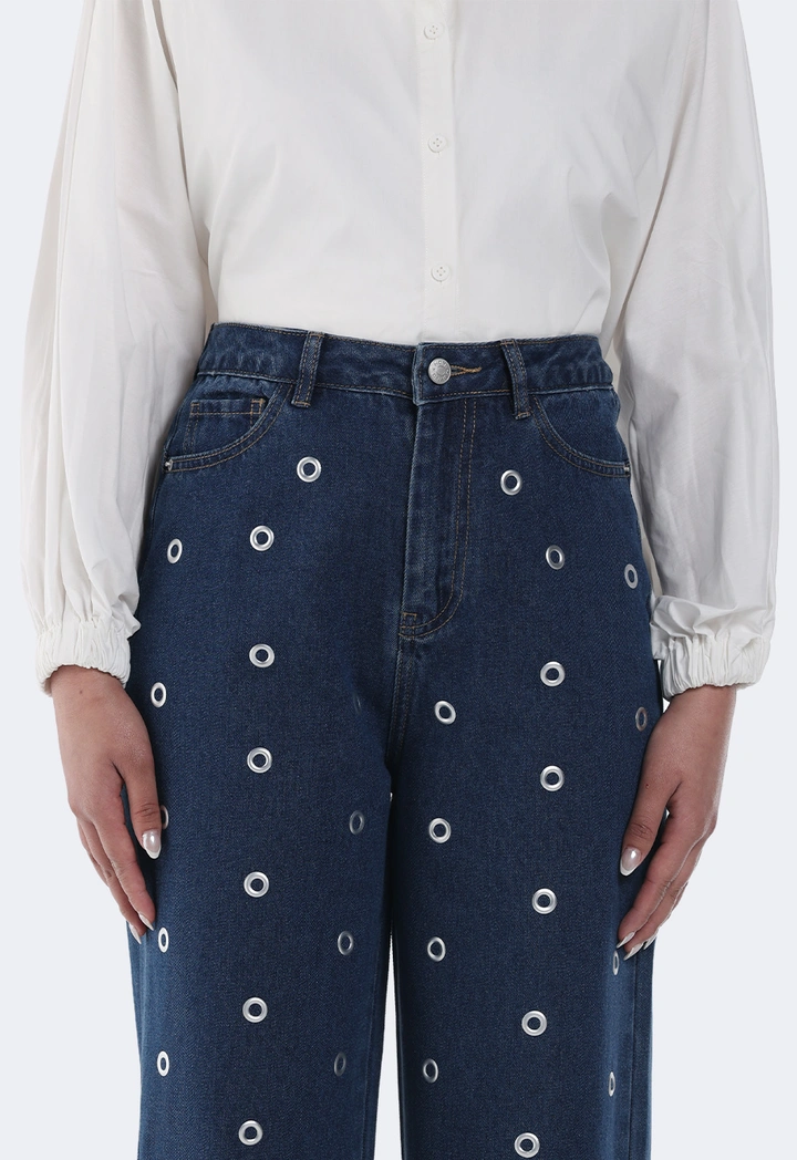 Eyelet-Embellished Wide Leg Jeans