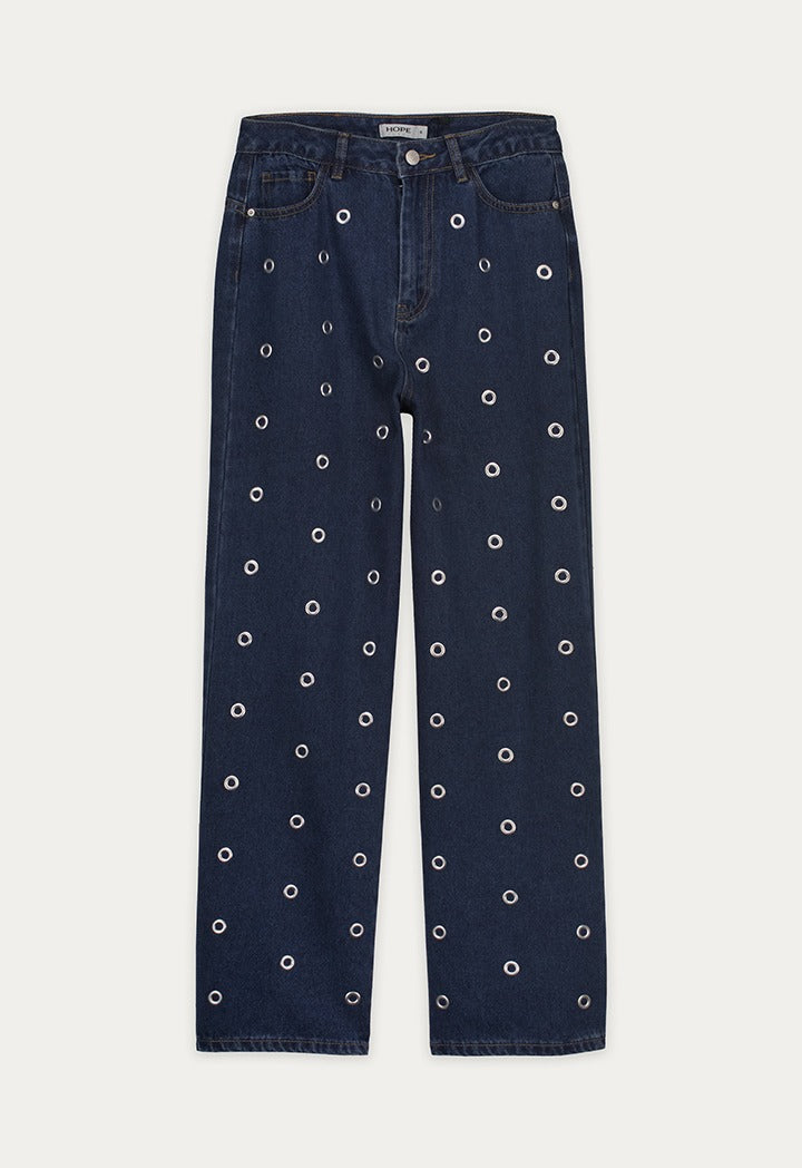 Eyelet-Embellished Wide Leg Jeans