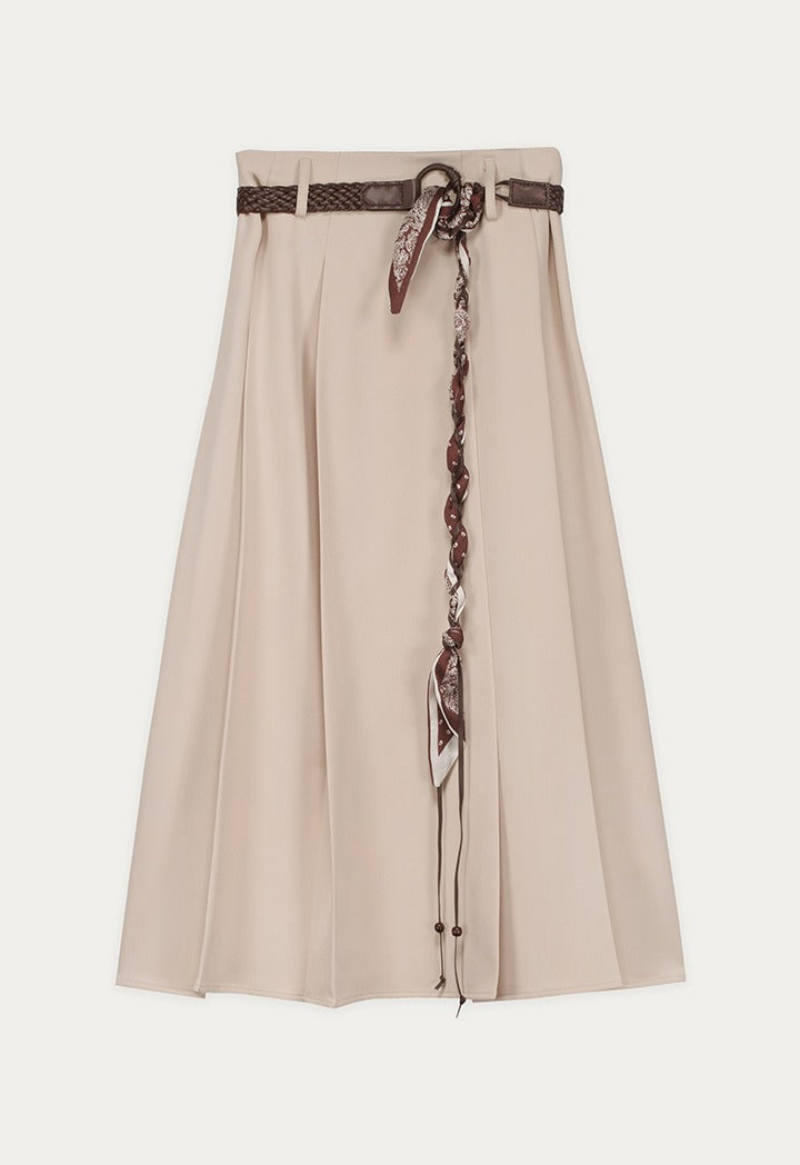 Front Pleated Solid Midi Skirt