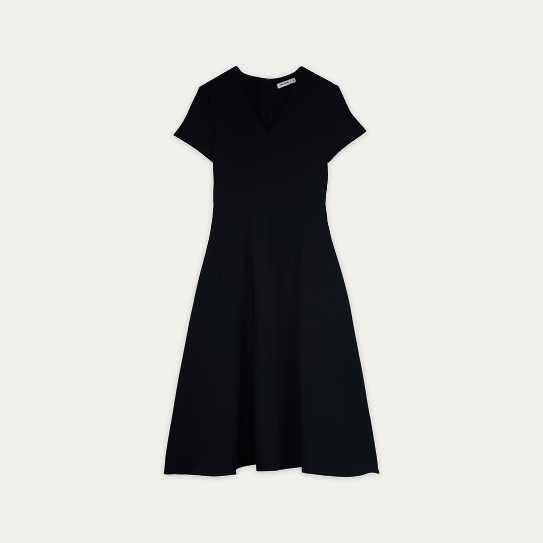 V Neck Flared Hem Solid Dress