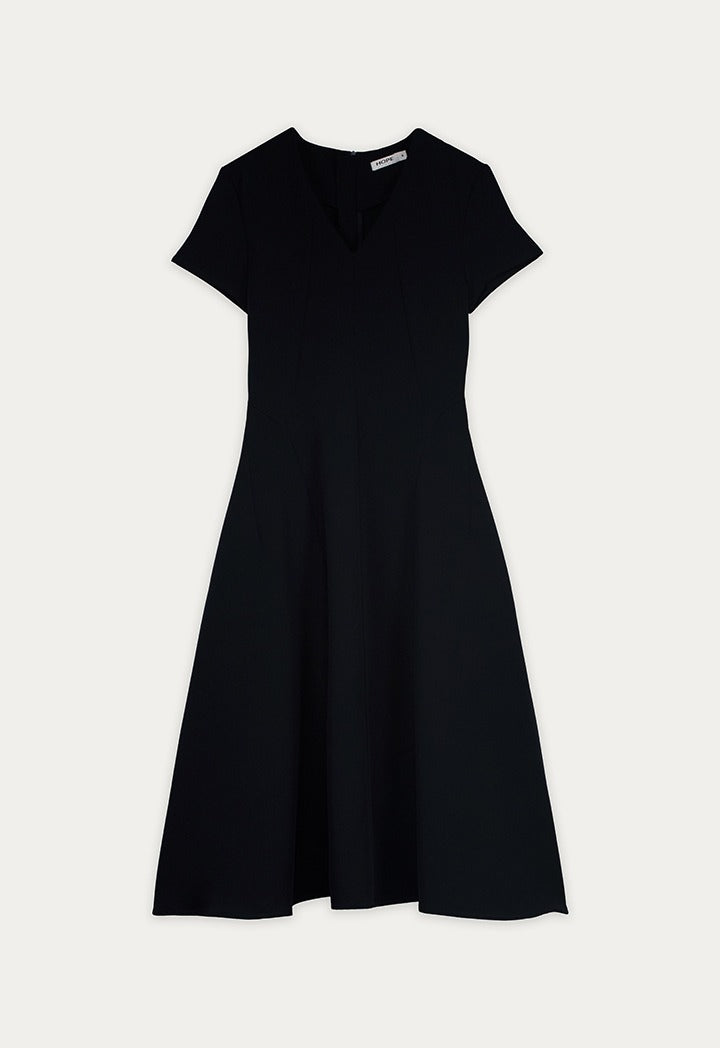 V Neck Flared Hem Solid Dress