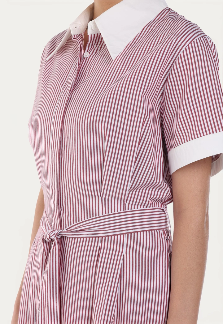 Pleated Belted Striped Shirt Dress