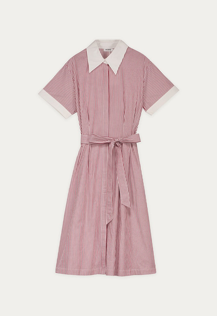 Pleated Belted Striped Shirt Dress