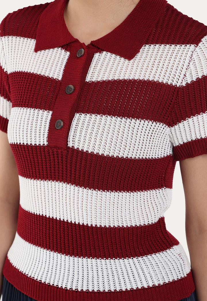 Cutwork Knitted Striped Top