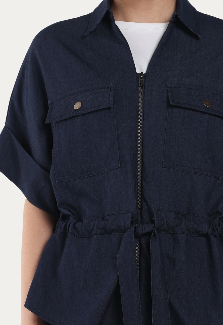 Drop Shoulder Belted Solid Shirt