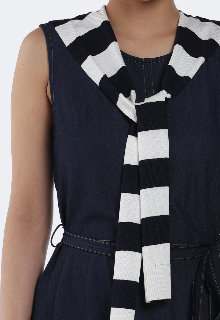 Flared Hem Denim Dress with Striped Sweater Scarf
