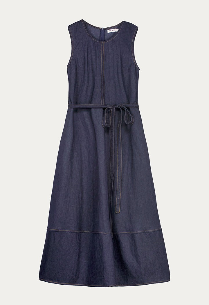 Flared Hem Denim Dress with Striped Sweater Scarf