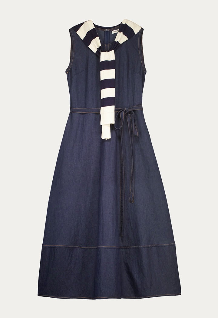 Flared Hem Denim Dress with Striped Sweater Scarf
