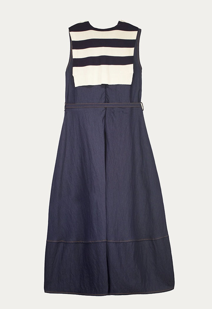 Flared Hem Denim Dress with Striped Sweater Scarf