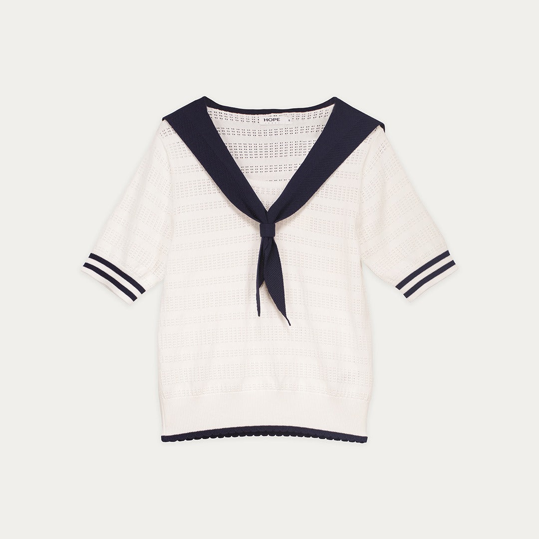 Cutwork Knitted Dress with Sailor Collar