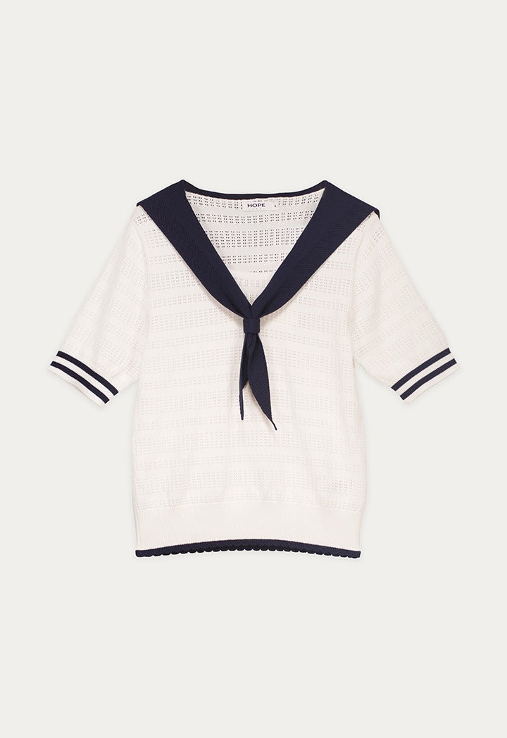 Cutwork Knitted Dress with Sailor Collar