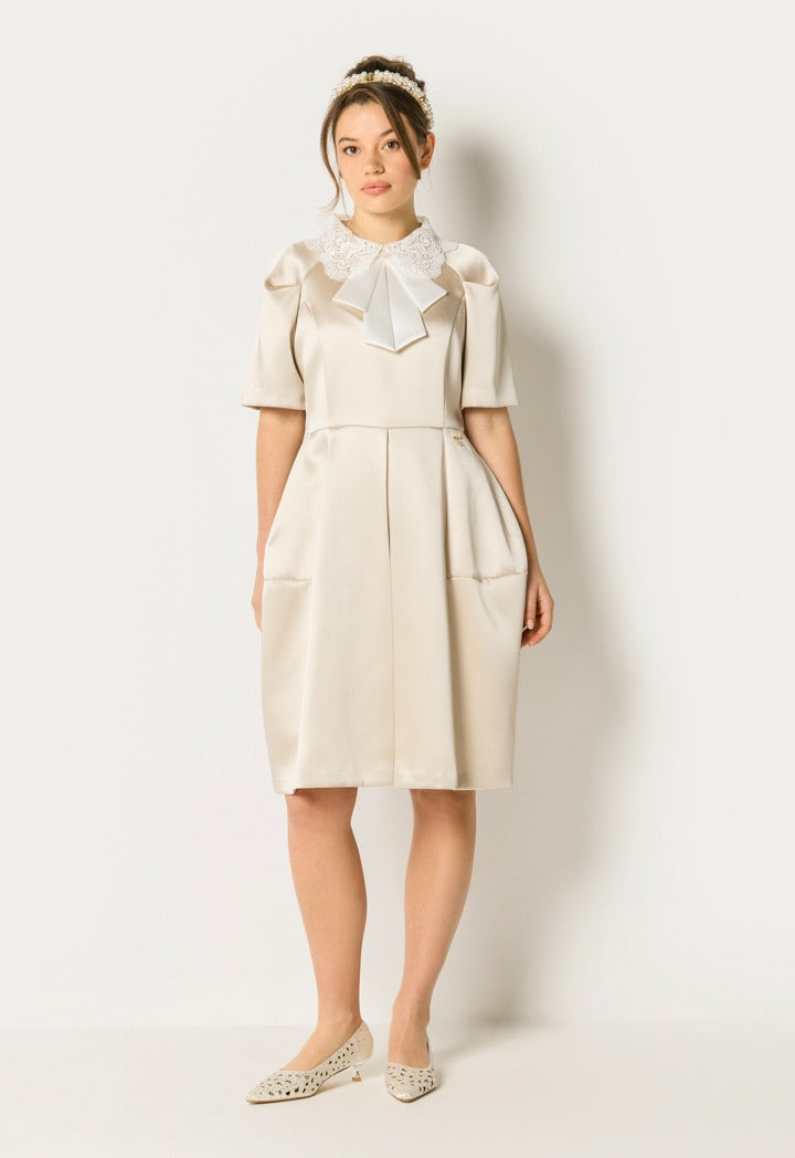Lace Collar Bow Front Dress Champagne