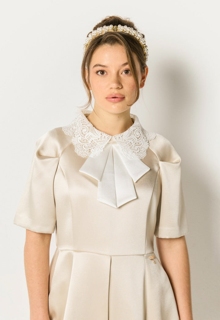 Lace Collar Bow Front Dress Champagne